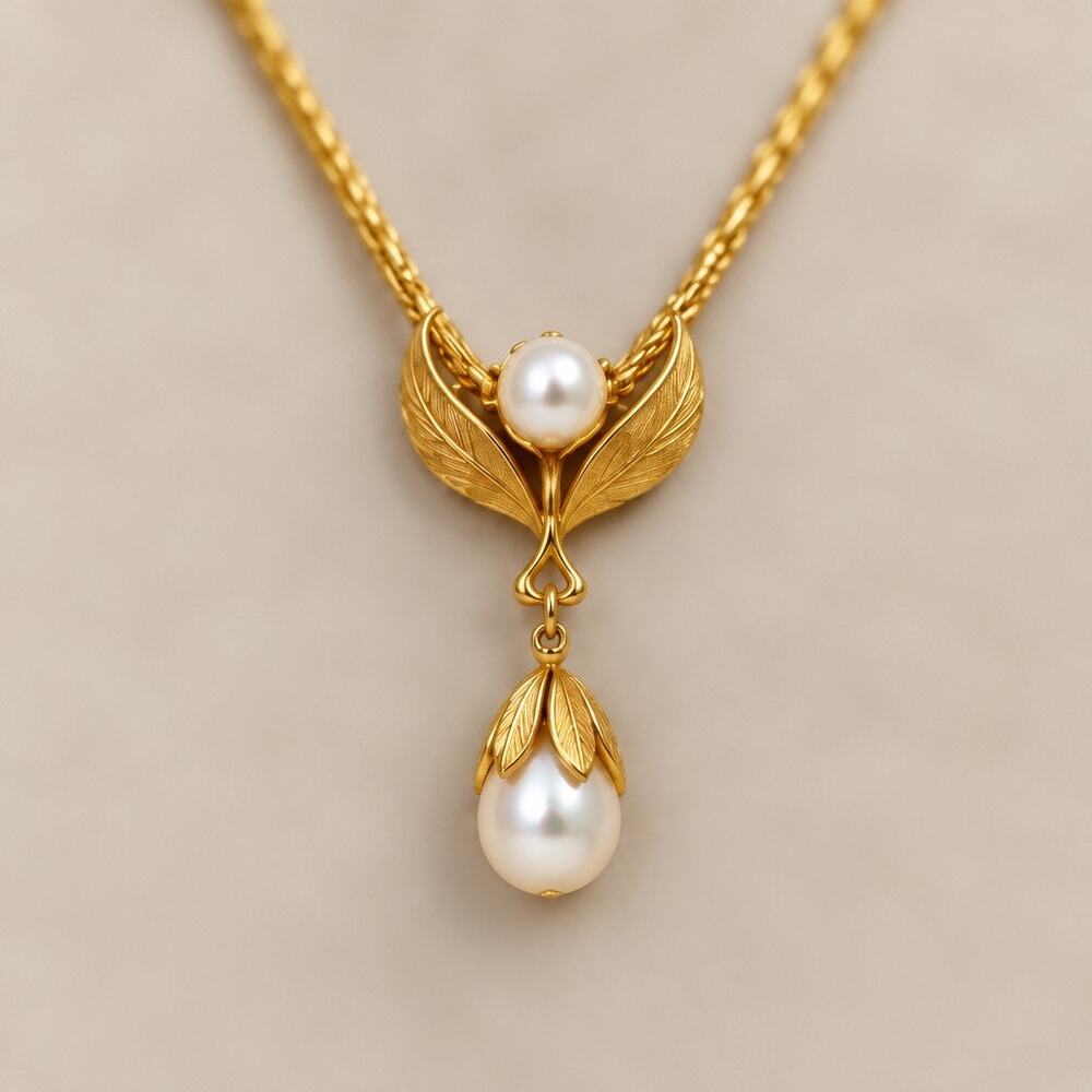 Vintage Gold Woven Mesh & Glass Pearl Drop Pendant Necklace - Dior Style